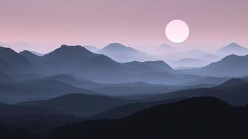 Evening fog envelops mountain ranges under a soft setting sun photo