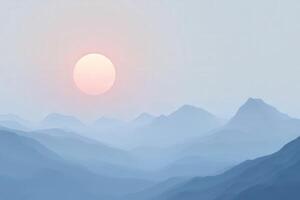 Foggy evening mountains with soft sun setting in the background photo