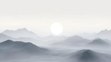 Foggy evening mountains at sunset with soft light photo