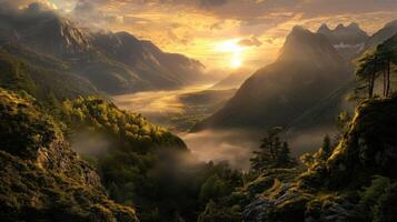 Evening fog blankets mountains under a golden sunset photo