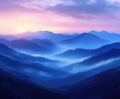 Foggy mountains at dusk with vibrant colors in the evening sky photo