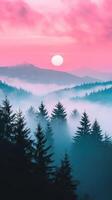 Evening fog envelops mountains under a soft pink sunset photo