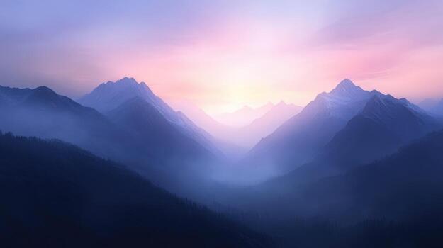Evening fog envelops serene mountains at twilight photo