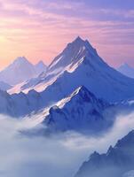 Majestic mountains engulfed in evening fog under a pastel sky photo