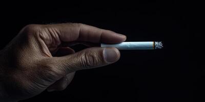 Close-up of a hand holding a cigarette against a black background photo