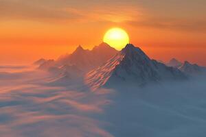 Mountains enveloped in evening fog with a golden sunset glow photo