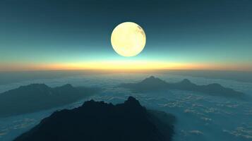 Evening fog envelops mountains under a glowing moonrise photo