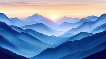 Evening fog settles over serene mountain landscape at sunset photo