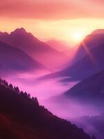 Foggy evening mountains with vibrant sunset in the valley photo