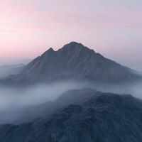 Fog-covered mountains at dusk create a serene evening landscape photo