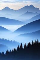 Evening fog envelops mountains and forests in tranquil landscape photo
