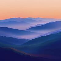 Foggy evening mountains at dusk with layered peaks photo
