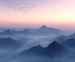 Foggy evening mountains at sunset with soft hues and distant peaks photo