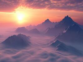 Misty mountains at dusk with a vibrant sunset in the background photo