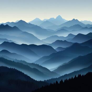 Foggy mountains at dusk with layered peaks and serene atmosphere photo