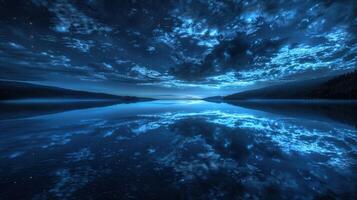 Night clouds reflect in a serene lake under a starry sky photo