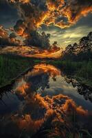 Dramatic night clouds reflecting on tranquil lake waters at sunset photo
