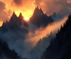 Mountains shrouded in evening fog at sunset photo