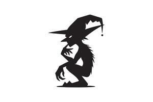A black and white silhouette of a witch with a hat vector