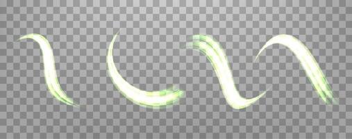 Glowing green lines set. Neon realistic energy speed. Abstract light effect vector