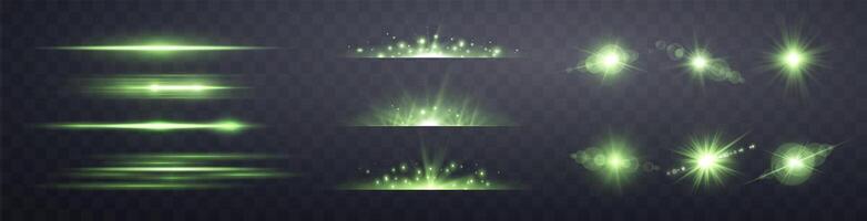 Green horizontal lensflare set. Sun flash with rays spotlight and bokeh. Green glow flare light effect. vector