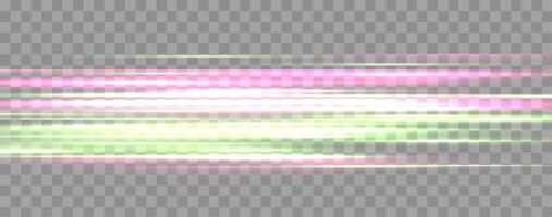 Speed rays, velocity light neon flow, zoom in motion effect, pink and green glow speed lines, colorful light trails, stripes. vector