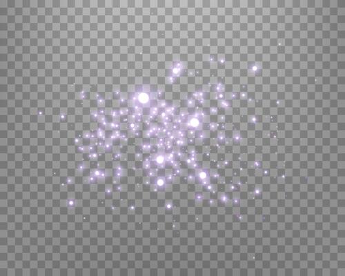 Purple luminous points and stardust. Purple glittering dots, particles, stars magic sparks. Glow flare light effect.