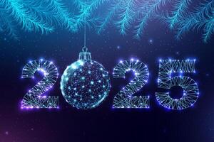Postcard Happy New Year 2025. Low poly Christmas ball and fir branches. Numbers from a polygonal wireframe. vector