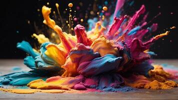 Colorful paint splattered and exploding, forming abstract shapes. photo