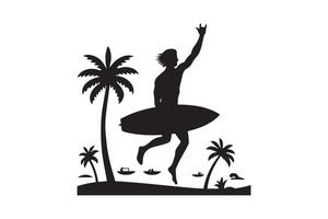 Surfer man on surfboard in the ocean with palm trees vector