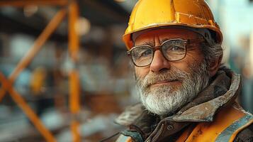 old factory worker with gray beard in safety helmets photo