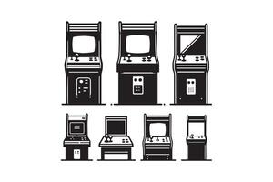 A set of arcade machines in black and white vector