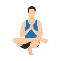 Man doing tree yoga pose, balancing one leg with hands in prayer position exercise. vector