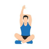 Man doing stretching raised arm. Stretches his arms while sitting in lotus pose. vector