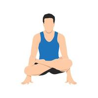 Man doing lotus pose while holding hands. Standing on hands in lotus pose. vector