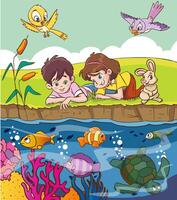 Children looking at stream with fish in forest scene vector