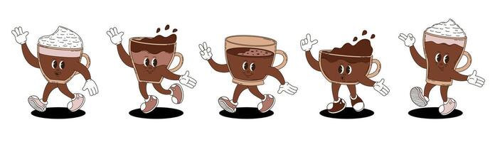 Coffee types set. Different coffee in retro groovy style. vector