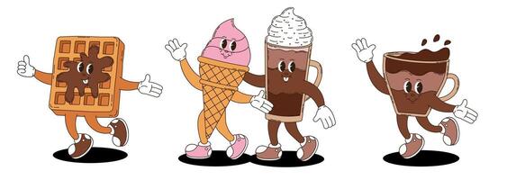Retro groovy desserts and coffee characters set. Coffee, ice cream, waffle. vector