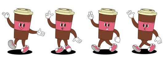 Coffee in a paper cup. Coffee characters in retro groovy style. vector