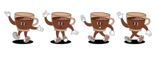 Retro groovy coffee characters set. vector