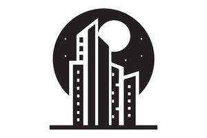 A black and white logo of a skyscraper with a moon in the sky vector
