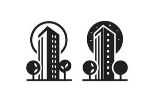 Two black and white buildings with trees in the background vector
