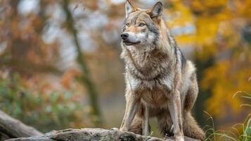 A wolf standing on rocks with autumn trees and foliage in the background. photo