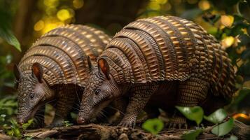 Two gators are standing on a forest floor with plants in the background. photo