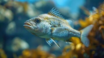 A colorful, close-up photograph of a fish swimming in the ocean near an underwater forest. photo