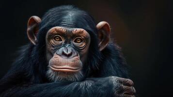 A close-up photo of a chimpanzee's face with a thoughtful expression.
