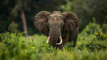 A close-up of a majestic elephant standing amidst tall grass, photo