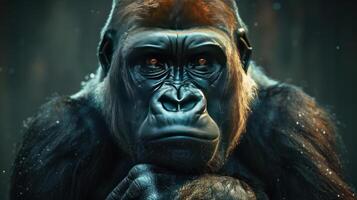 Angry gorilla with red eyes looking towards the left, surrounded by a dark and moody background. photo