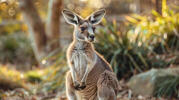 A koala sitting on the ground in a forest, looking up at something. photo