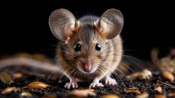An adorable mouse with large ears standing on a wooden surface. photo
